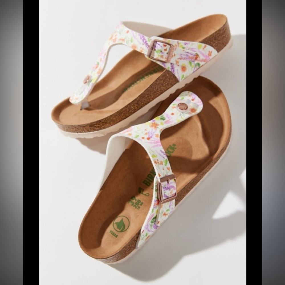 Birkenstock Gizeh Vegan sandals in the Watercolor Flower White colorway